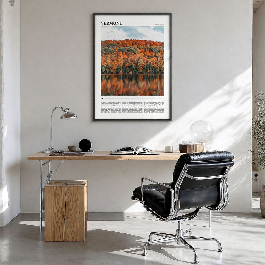 Vermont Travel No 3 Poster in a black wood frame, hanging in a bright home office