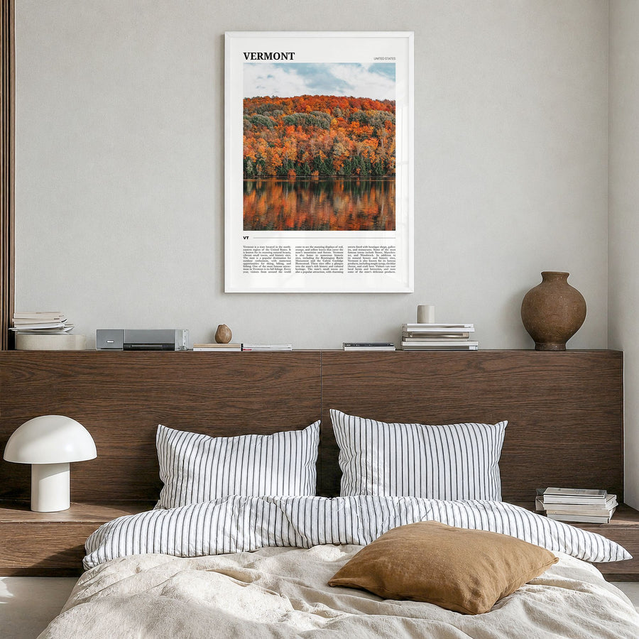 Vermont Travel No 3 Poster in a white wood frame, hanging in a bedroom