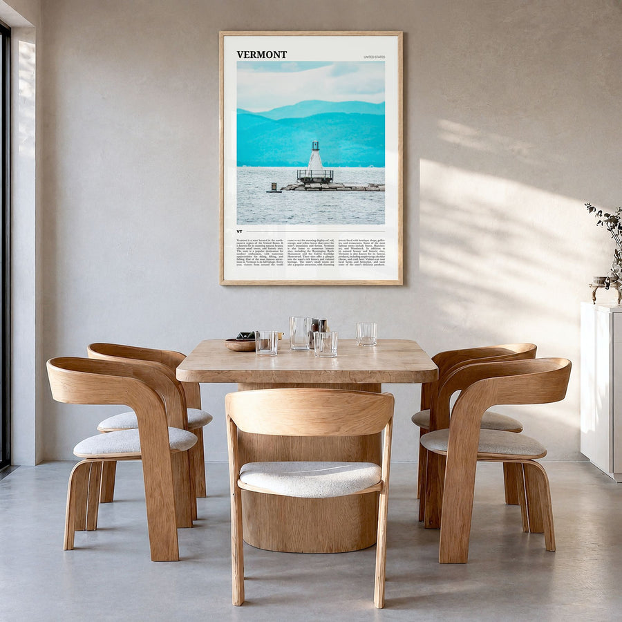 Vermont Travel No 4 Poster in a natural wood frame, hanging in a dining room