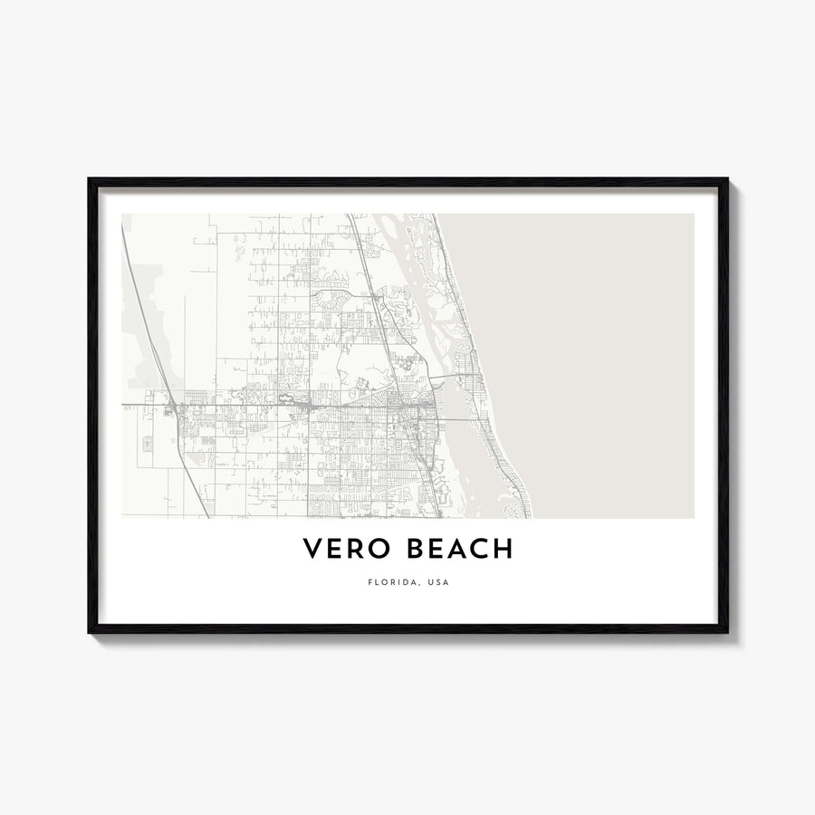 Vero Beach black & white map poster of Florida, USA – horizontal wall art, unframed print shown in interior mockup