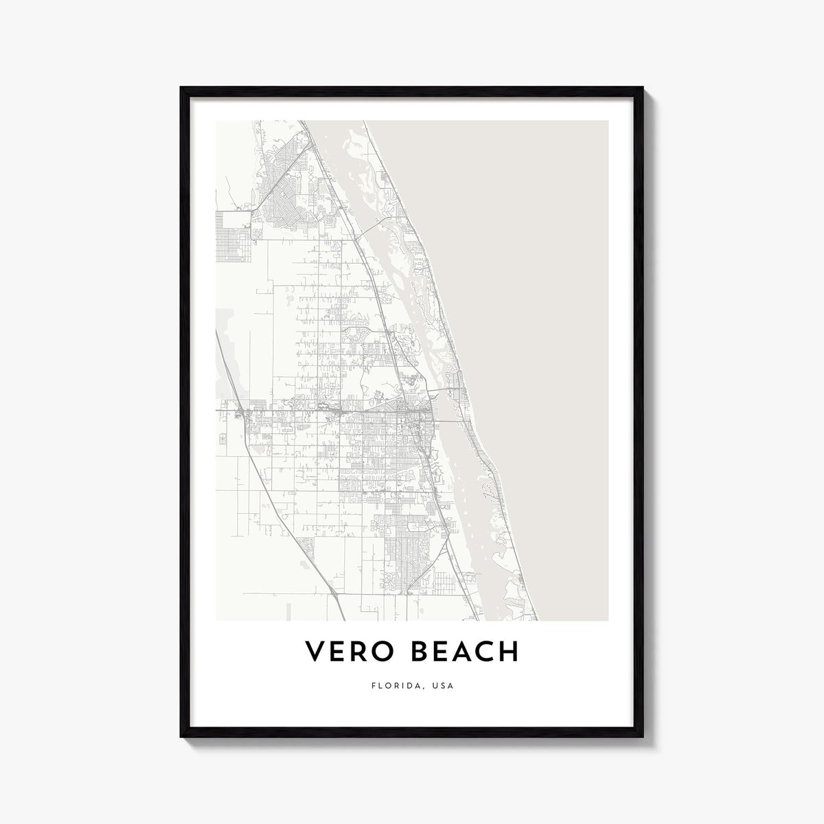 Vero Beach black & white map poster of Florida, USA – vertical wall art, unframed print shown in interior mockup