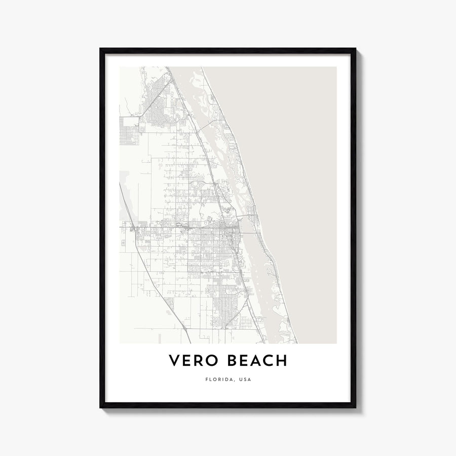 Vero Beach black & white map poster of Florida, USA – vertical wall art, unframed print shown in interior mockup