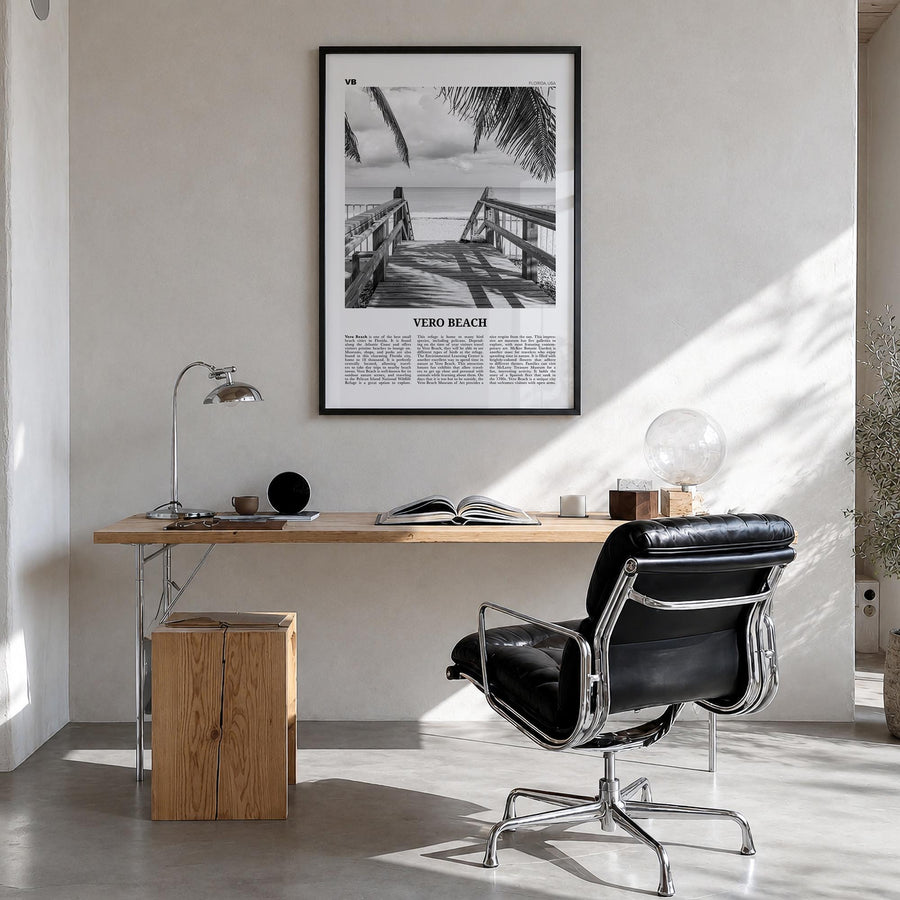 Vero Beach black & white newspaper poster of Florida, USA – vertical wall art in black wood frame, hanging on wall