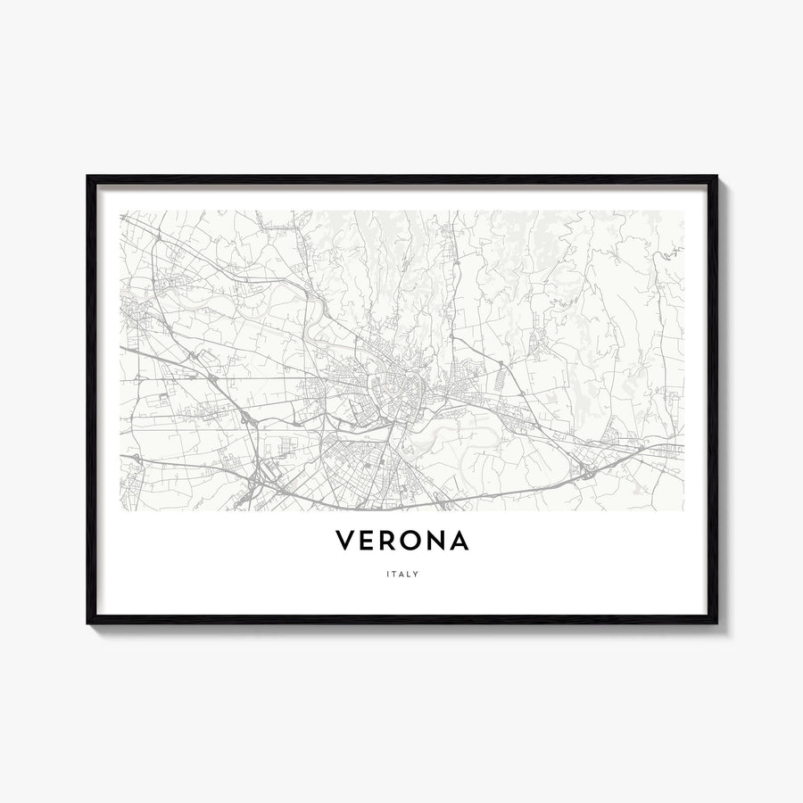 Verona black & white map poster of Italy – horizontal wall art, unframed print shown in interior mockup