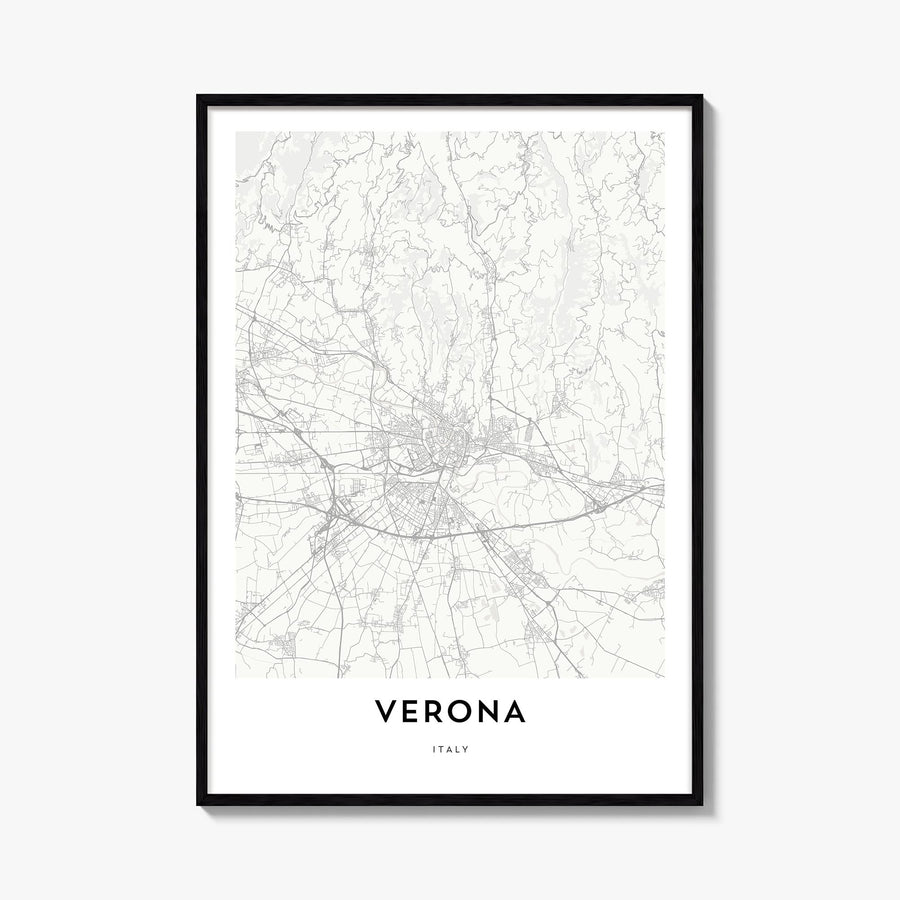 Verona black & white map poster of Italy – vertical wall art, unframed print shown in interior mockup