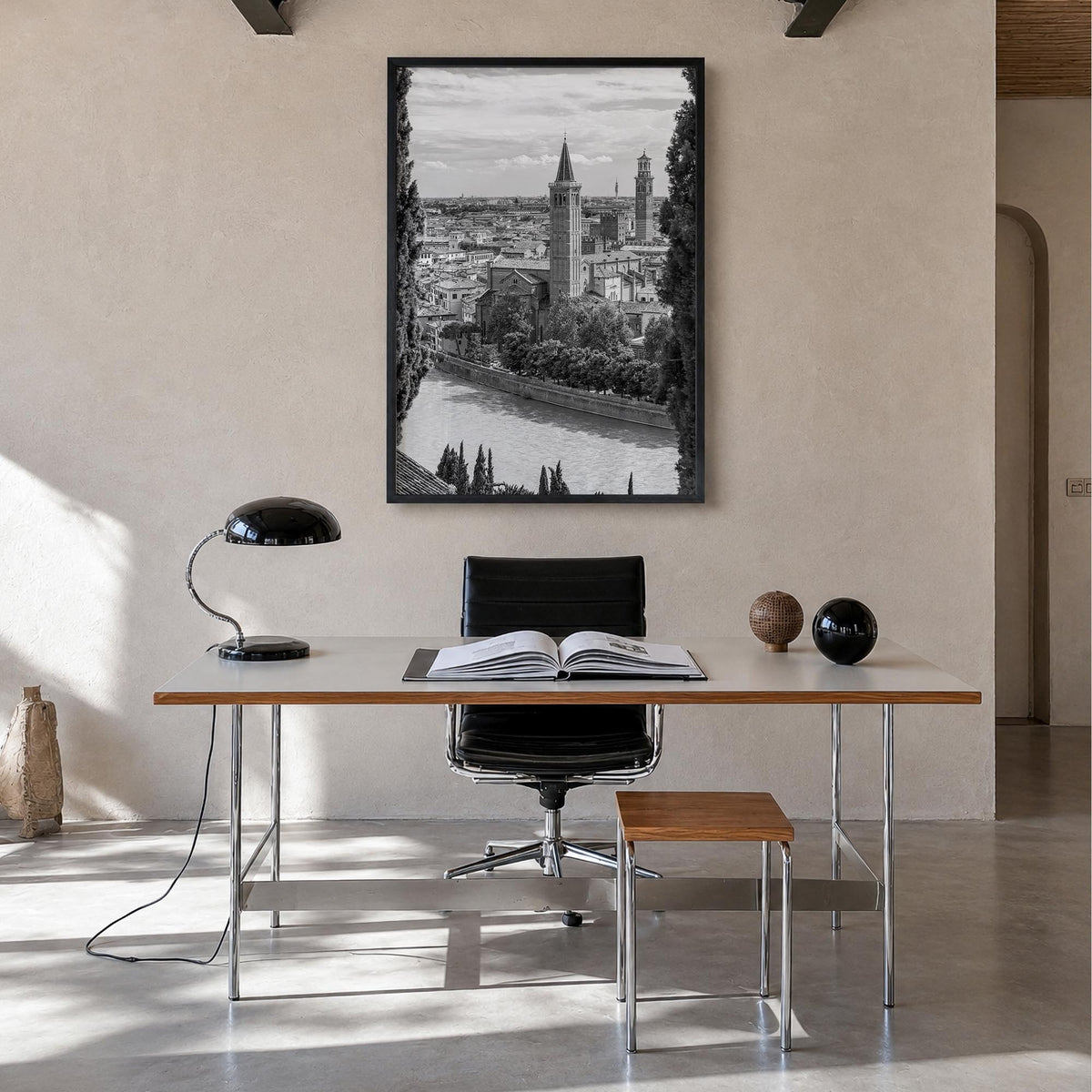 Verona black & white photo poster of Italy – vertical wall art in black wood frame, hanging on wall
