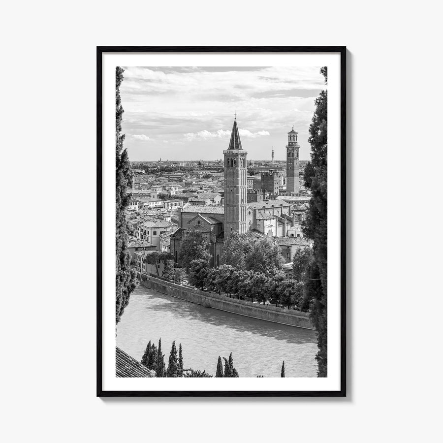 Verona black & white photo poster of Italy – vertical wall art, unframed print shown in interior mockup