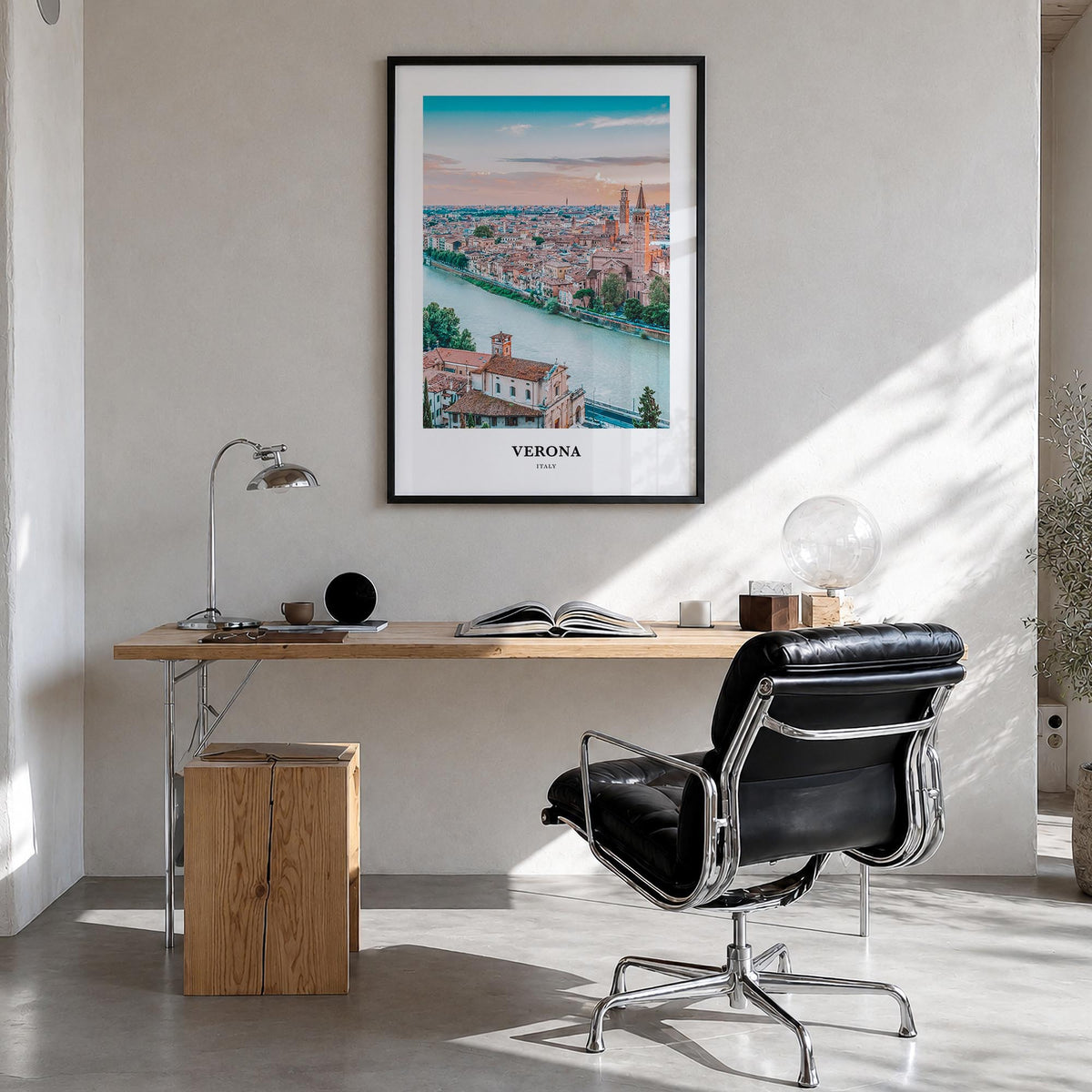 Verona colorful classic poster of Italy – vertical wall art in black wood frame, hanging on wall
