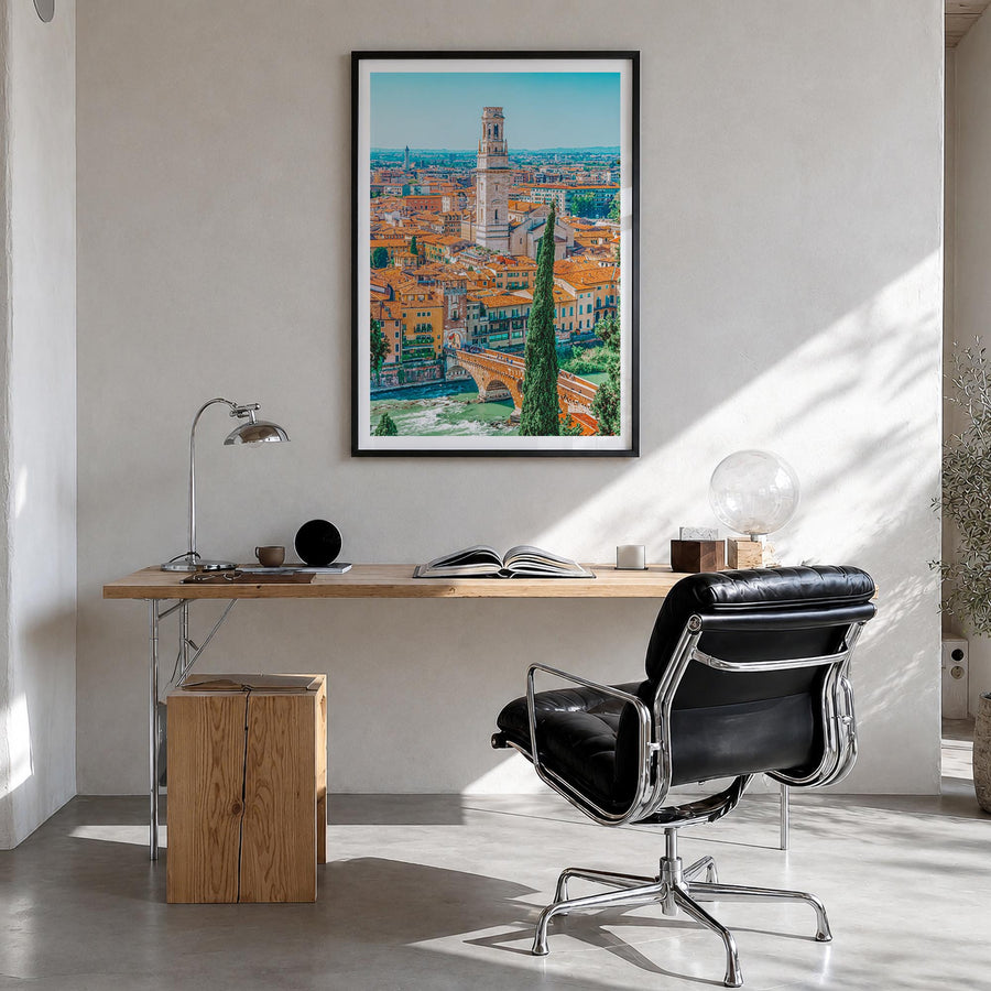 Verona colorful photo poster of Italy – vertical wall art in black wood frame with white border, hanging on wall