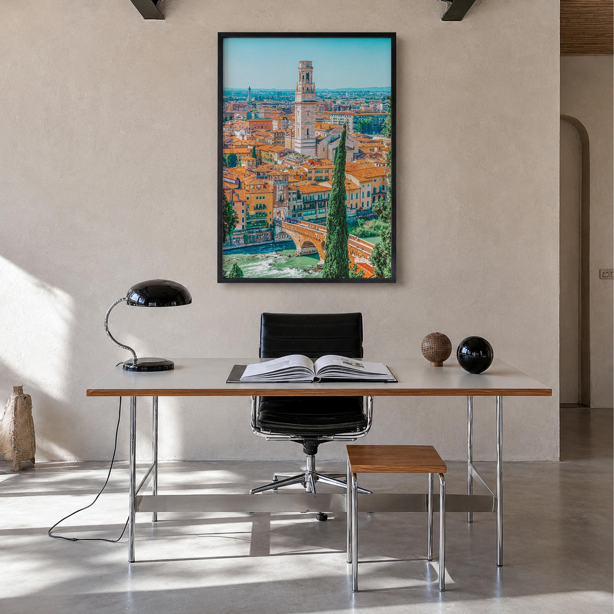 Verona colorful photo poster of Italy – vertical wall art in black wood frame, hanging on wall