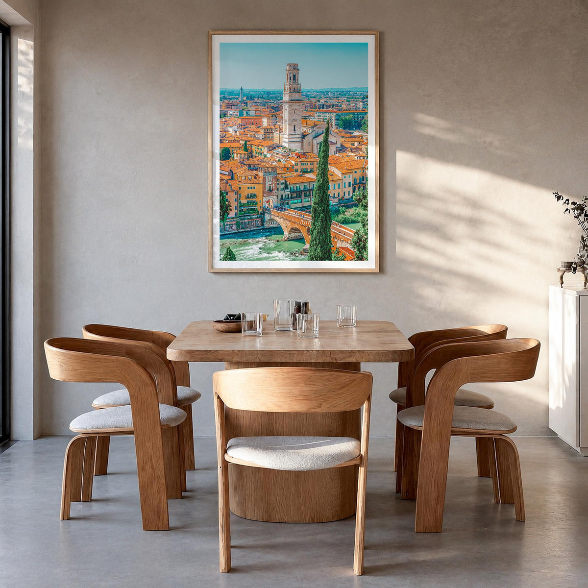 Verona colorful photo poster of Italy – vertical wall art in natural wood frame with white border, hanging on wall