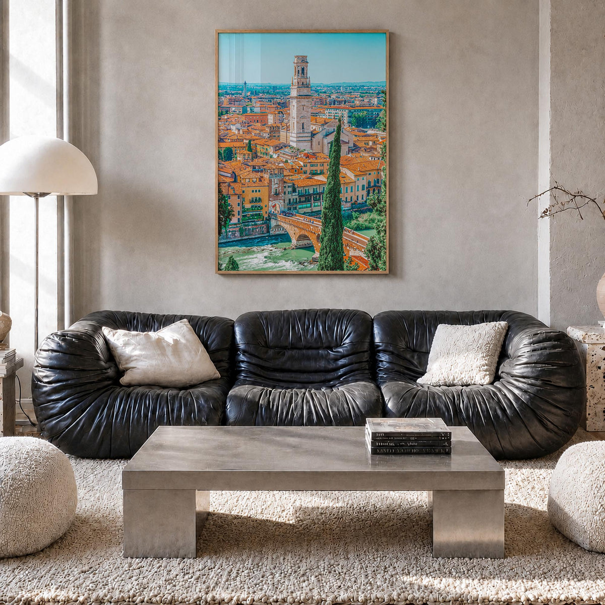 Verona colorful photo poster of Italy – vertical wall art in natural wood frame, hanging on wall