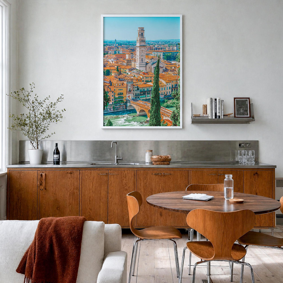 Verona colorful photo poster of Italy – vertical wall art in white wood frame, hanging on wall