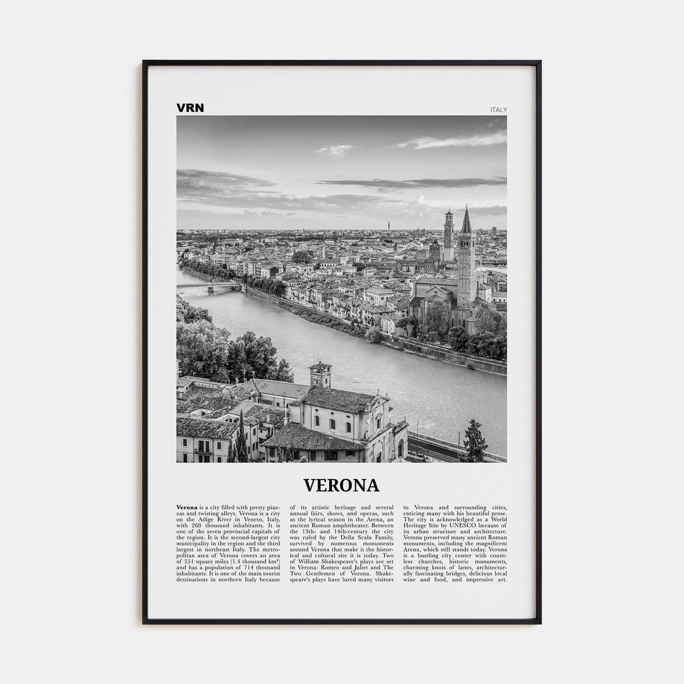 Verona No 1 Poster Black Metal / 8x12 in Nbourhood Travel B&W Poster