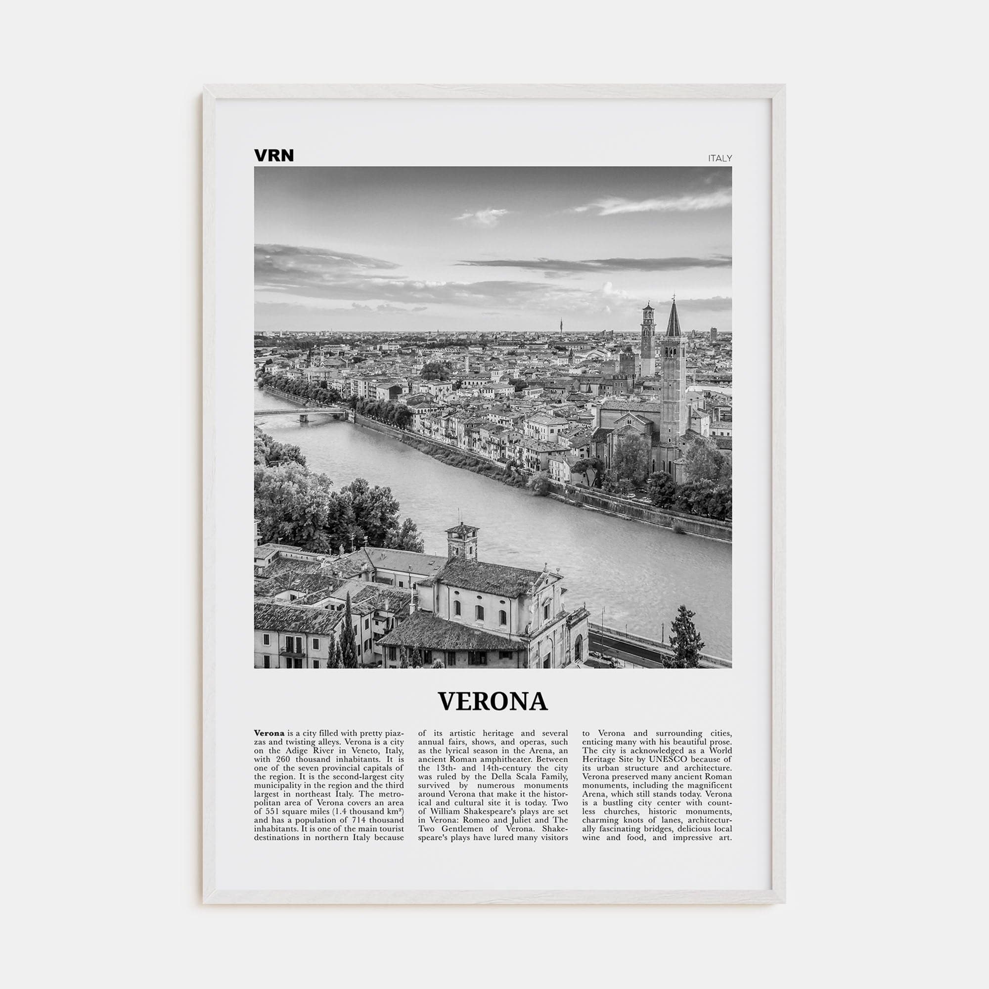 Verona No 1 Poster White Wood / 8x12 in Nbourhood Travel B&W Poster