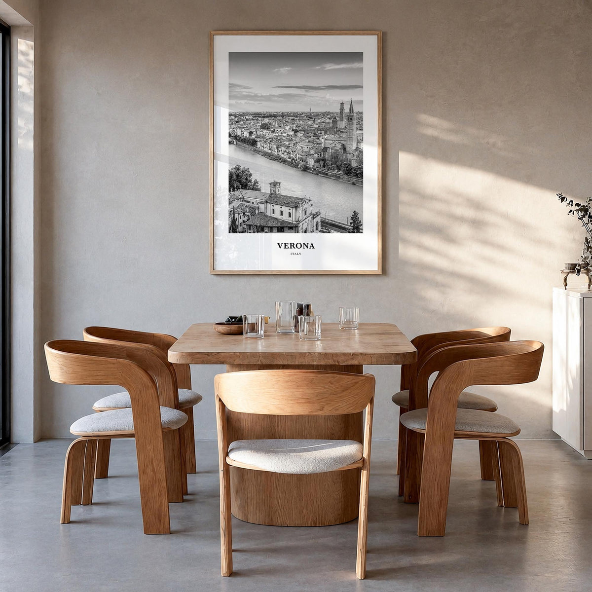 Verona no. 2 black & white classic poster of Italy – vertical wall art in natural wood frame, hanging on wall