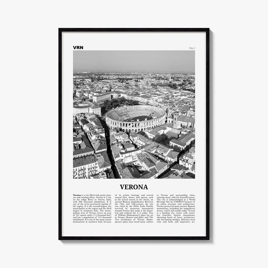 Verona no. 2 black & white newspaper poster of Italy – vertical wall art, unframed print shown in interior mockup