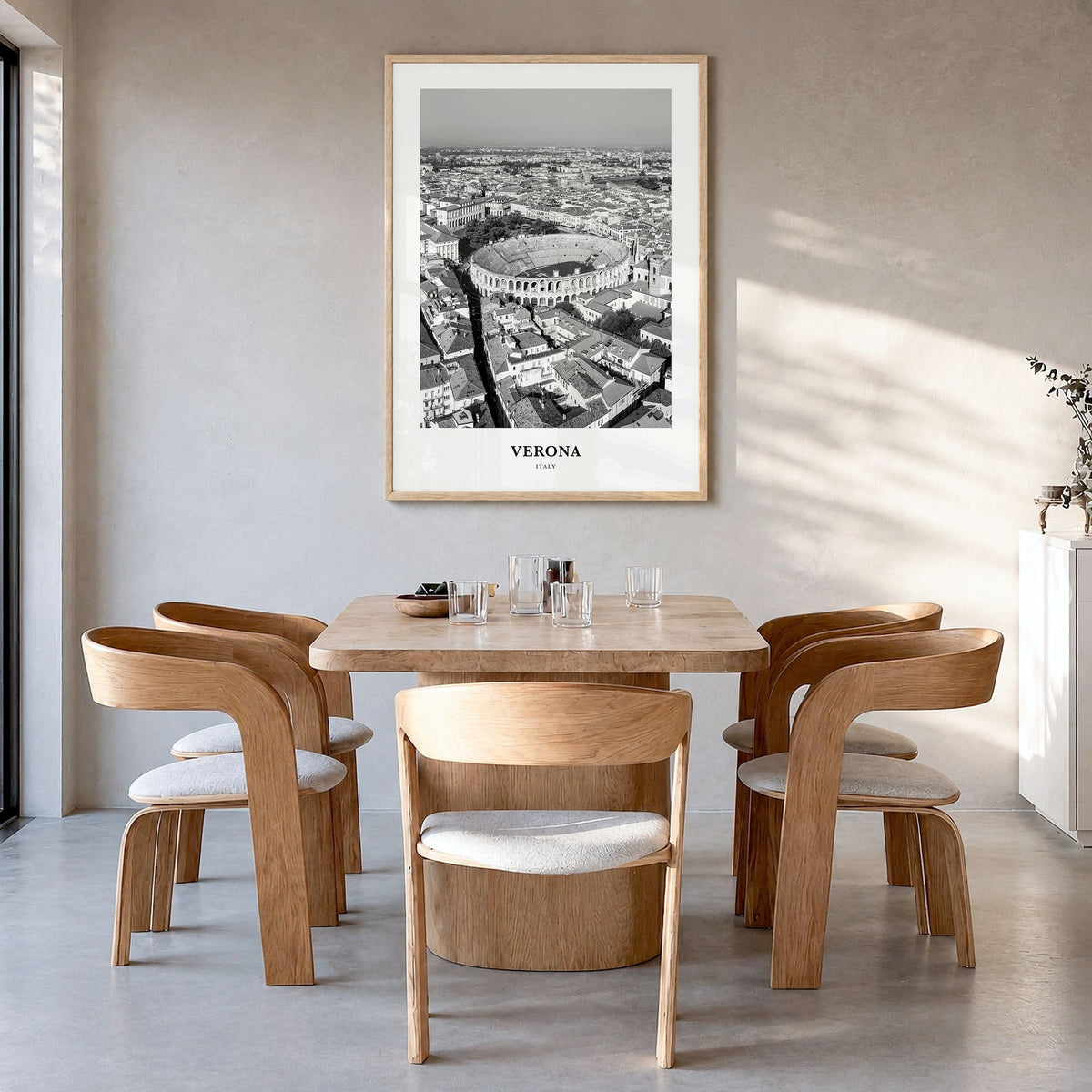 Verona Classic No 1 Poster in a natural wood frame, hanging in a dining room