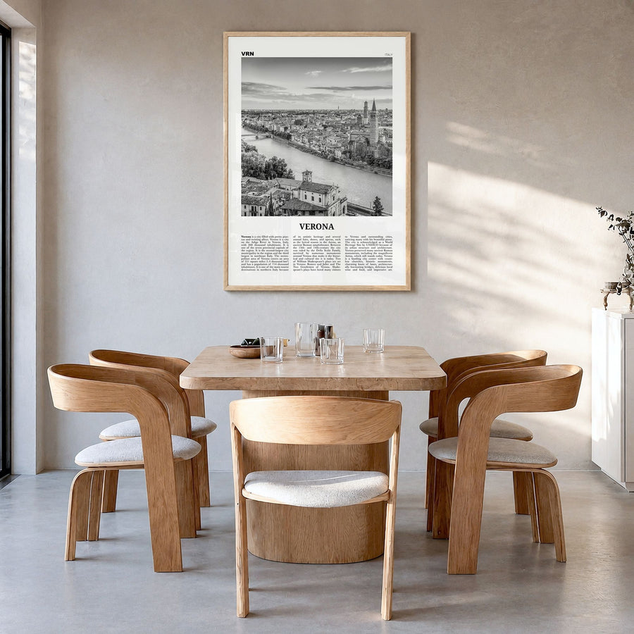 Verona Newspaper No 1 Poster in a natural wood frame, hanging in a dining room