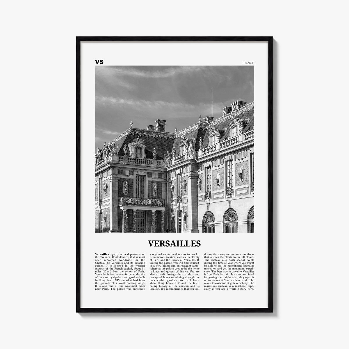 Versailles black & white newspaper poster of France – vertical wall art, unframed print shown in interior mockup