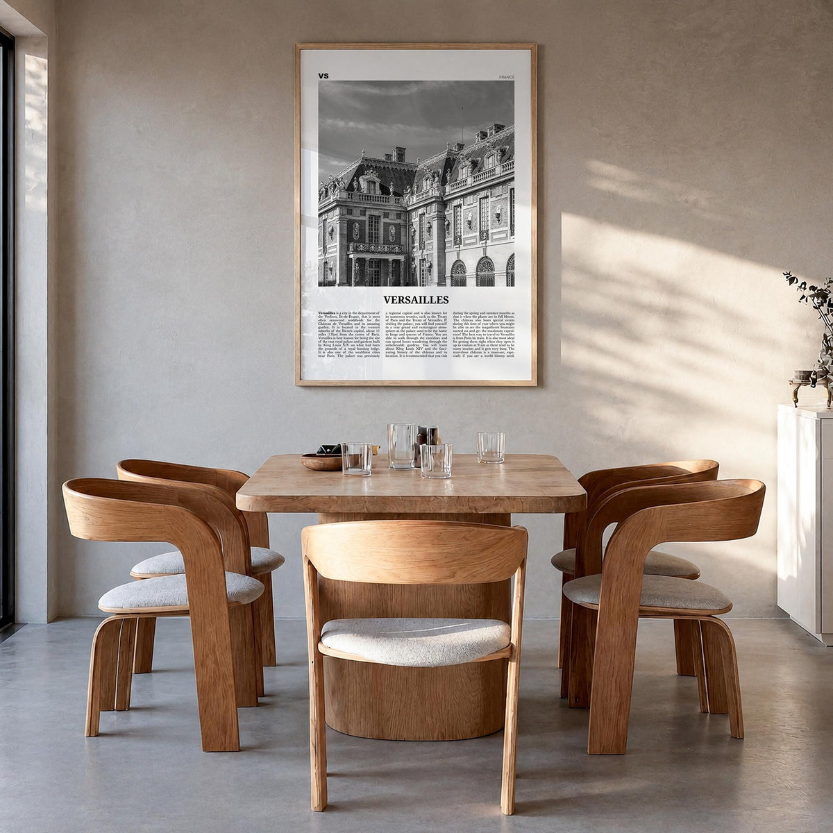 Versailles black & white newspaper poster of France – vertical wall art in natural wood frame, hanging on wall