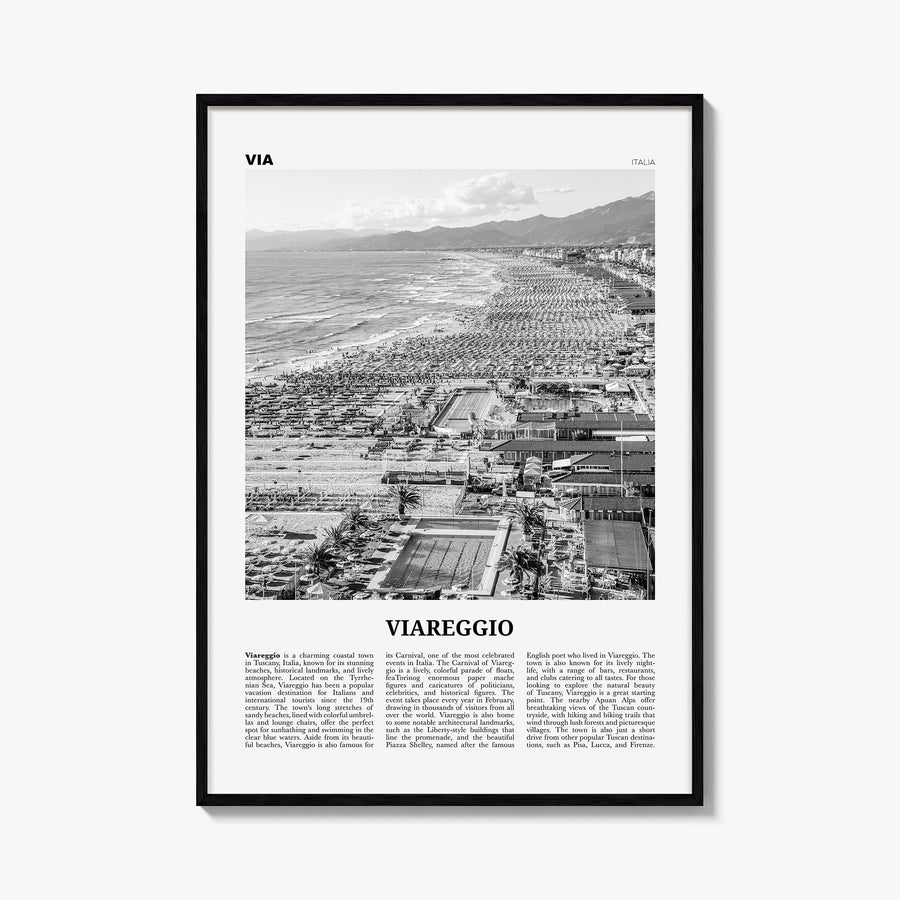 Viareggio black & white newspaper poster of Italy – vertical wall art, unframed print shown in interior mockup