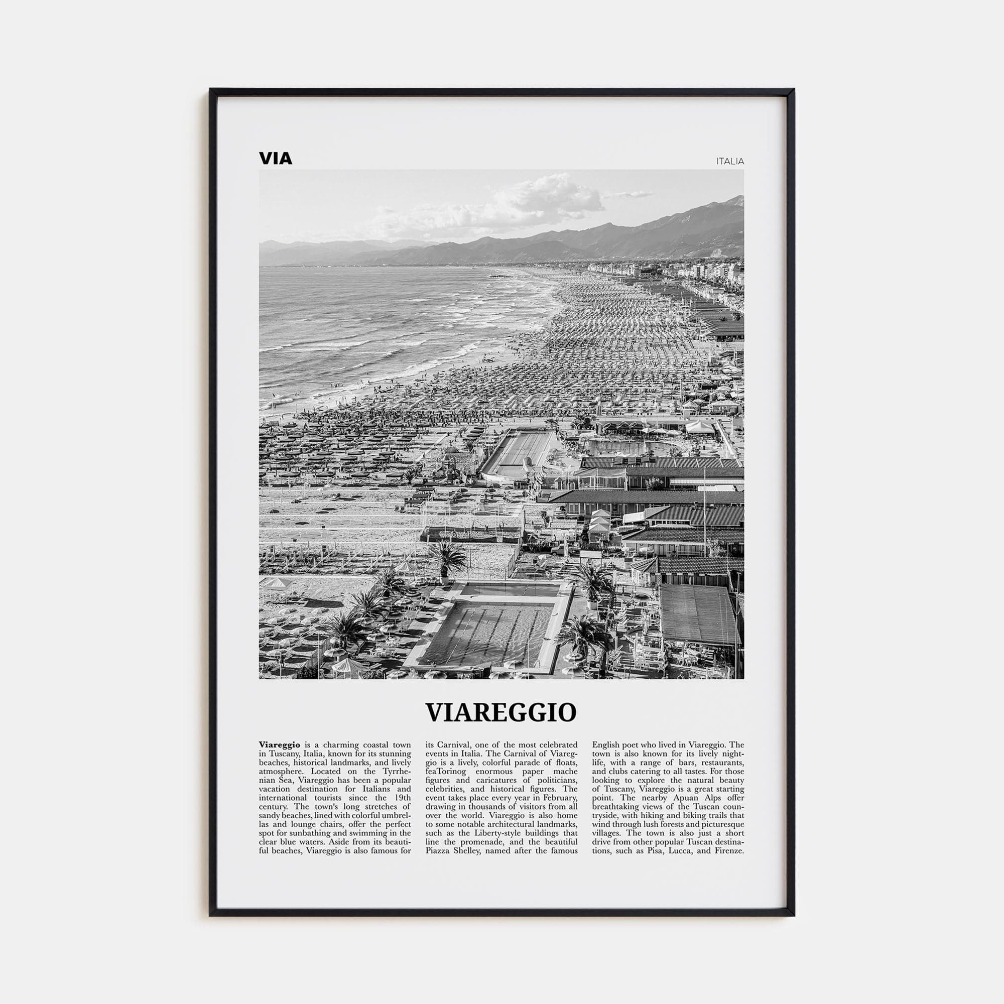 Viareggio Poster Black Metal / 8x12 in Nbourhood Travel B&W Poster