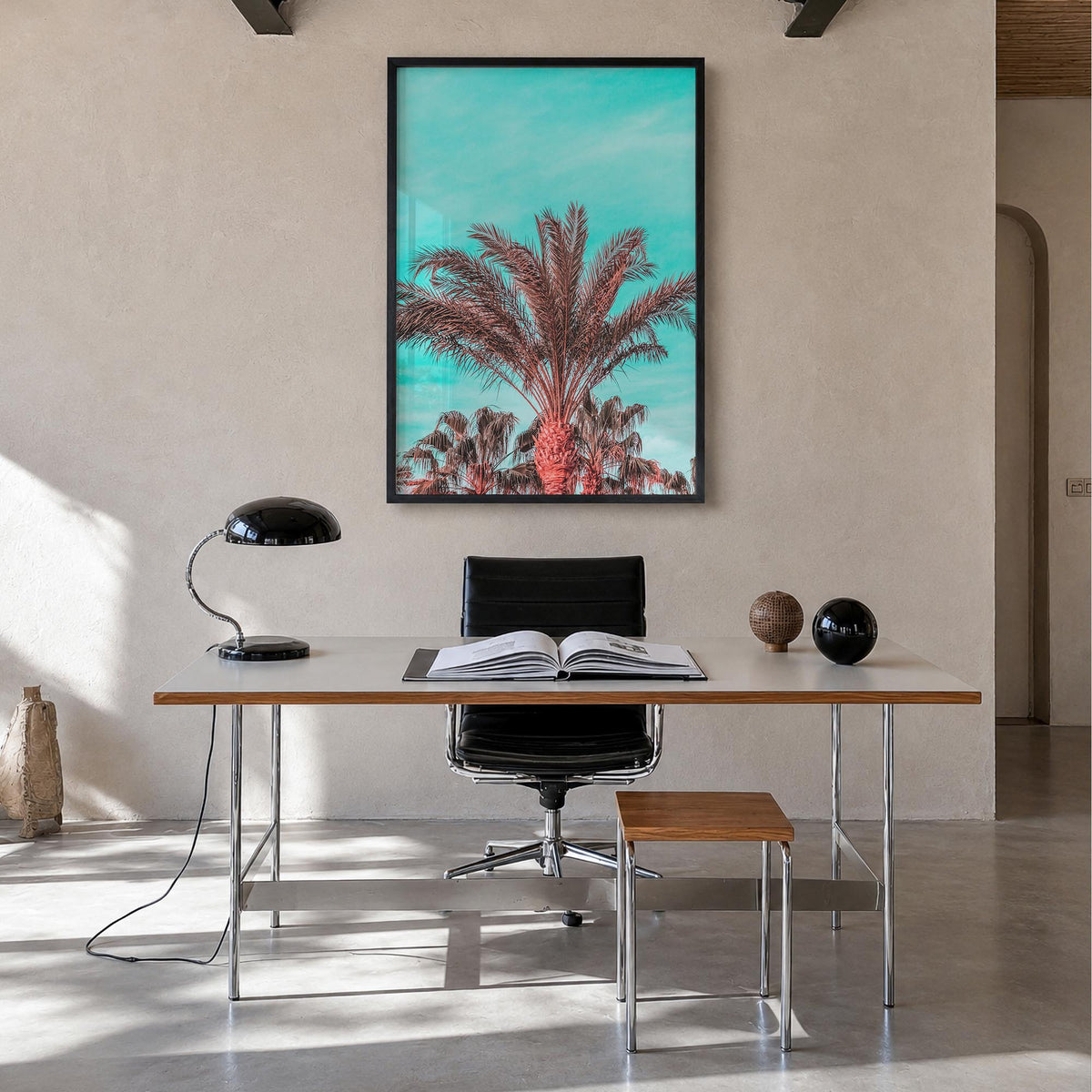 Vibrant Palm Trees colorful photo poster – vertical wall art in black wood frame, hanging on wall