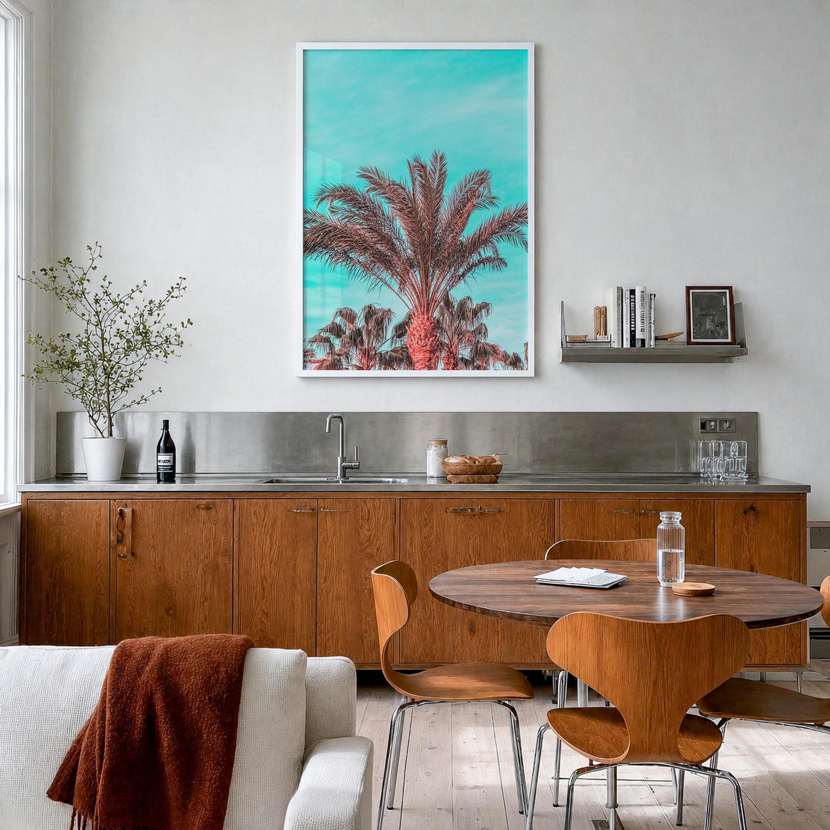 Vibrant Palm Trees colorful photo poster – vertical wall art in white wood frame, hanging on wall