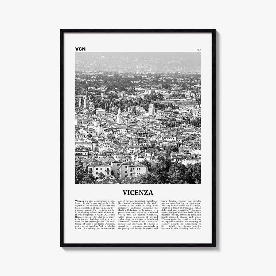Vicenza black & white newspaper poster of Italy – vertical wall art, unframed print shown in interior mockup