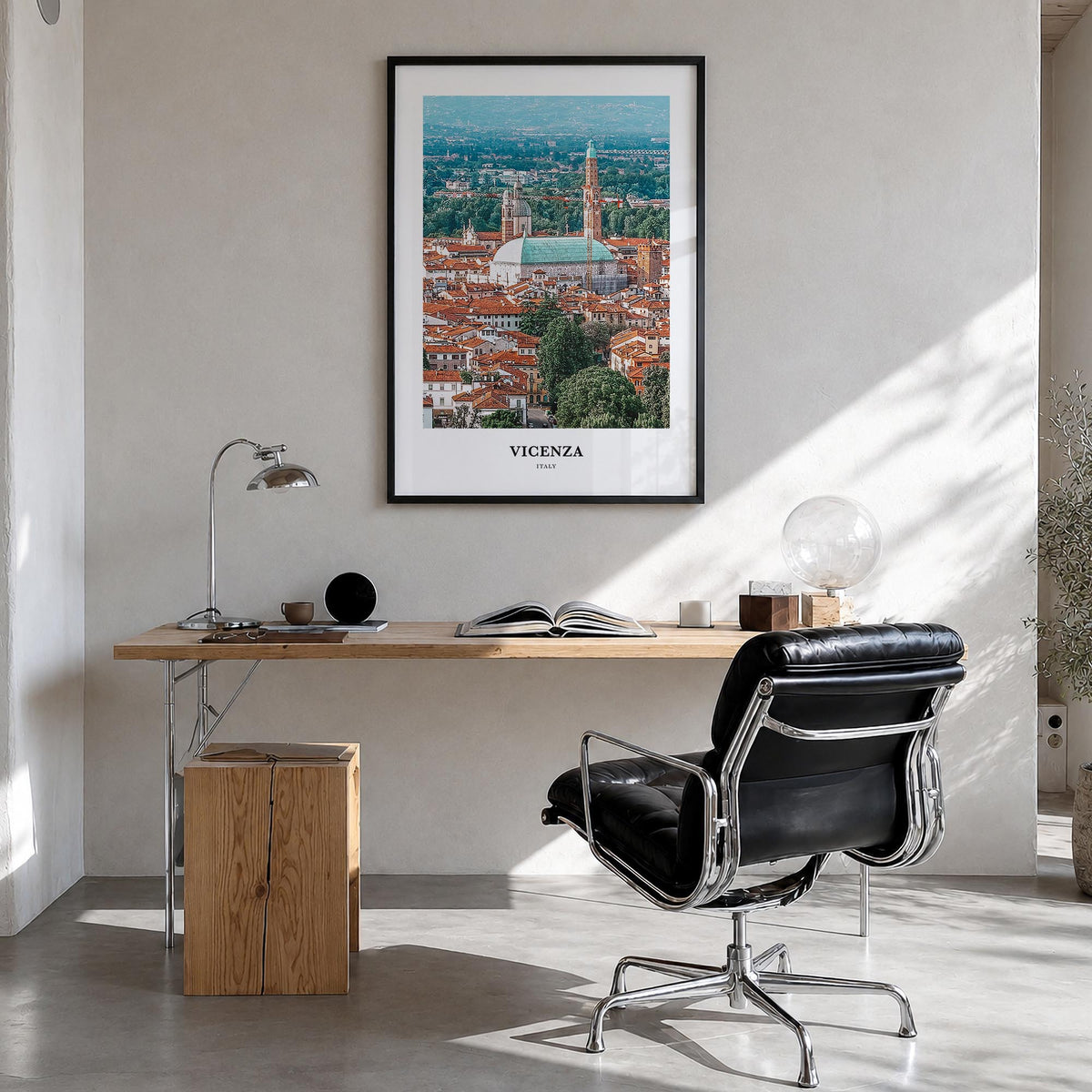 Vicenza colorful classic poster of Italy – vertical wall art in black wood frame, hanging on wall