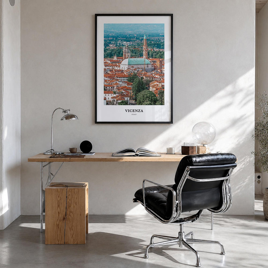 Vicenza colorful classic poster of Italy – vertical wall art in black wood frame, hanging on wall