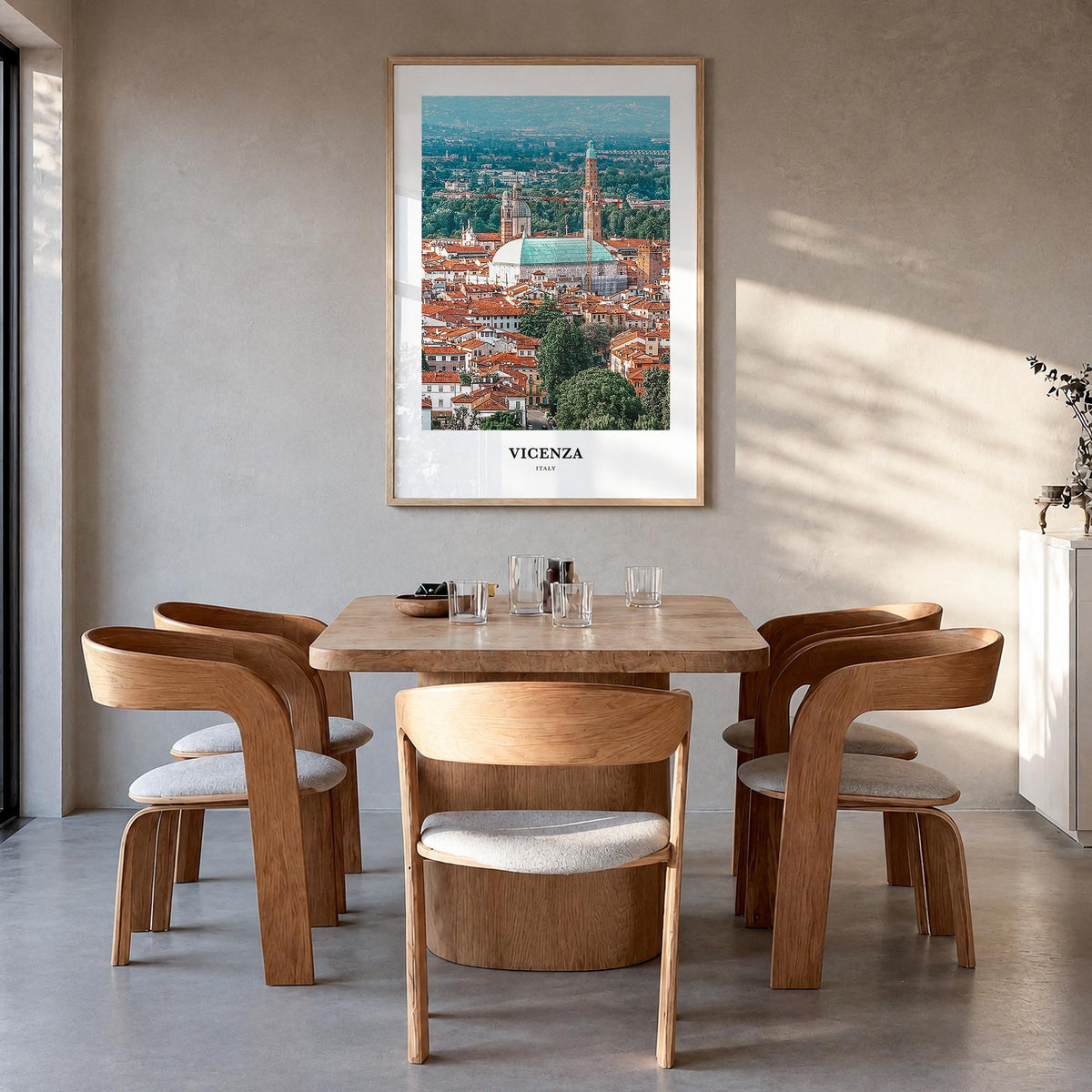 Vicenza colorful classic poster of Italy – vertical wall art in natural wood frame, hanging on wall