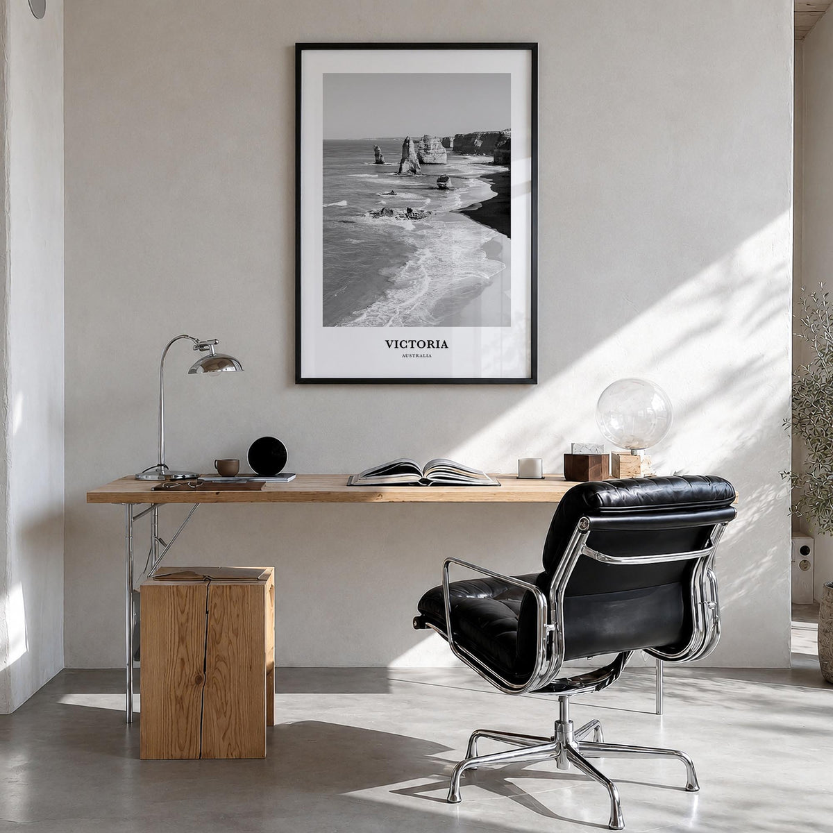 Victoria, Australia black & white classic poster of Australia – vertical wall art in black wood frame, hanging on wall