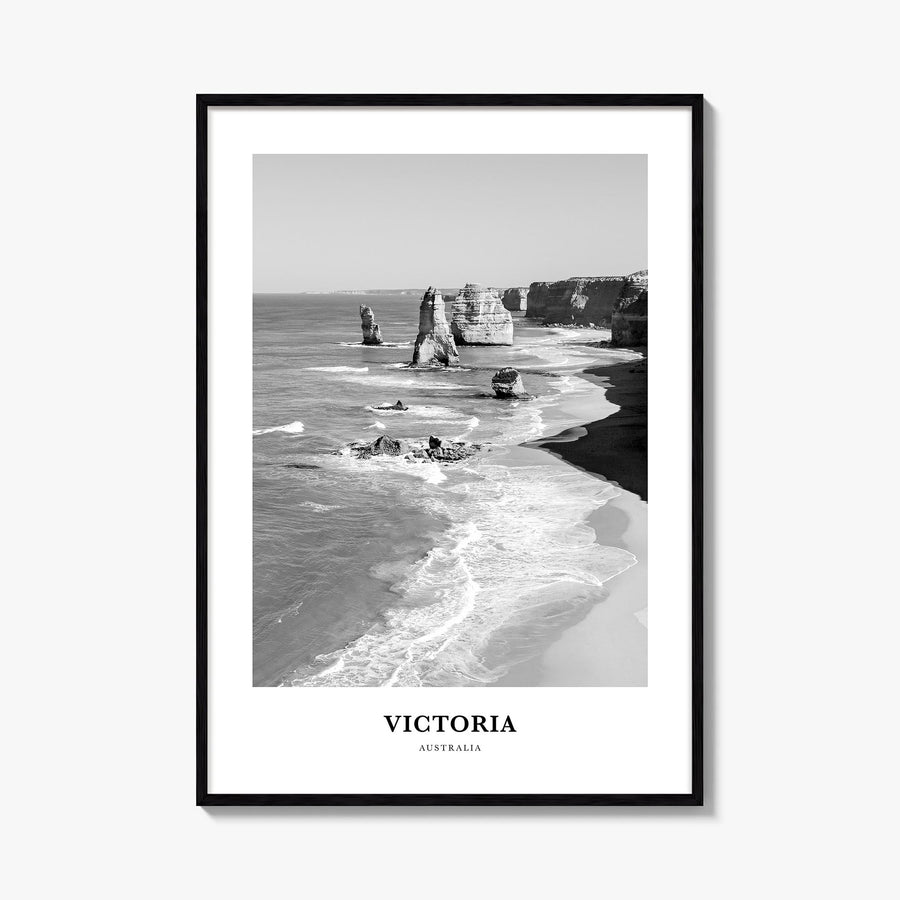 Victoria, Australia black & white classic poster of Australia – vertical wall art, unframed print shown in interior mockup