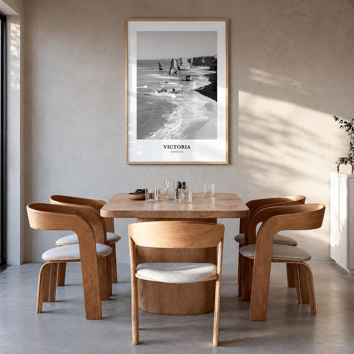 Victoria, Australia black & white classic poster of Australia – vertical wall art in natural wood frame, hanging on wall