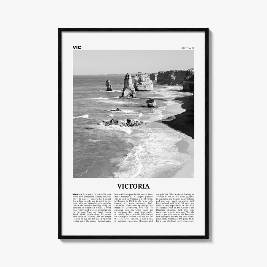 Victoria, Australia black & white newspaper poster of Australia – vertical wall art, unframed print shown in interior mockup