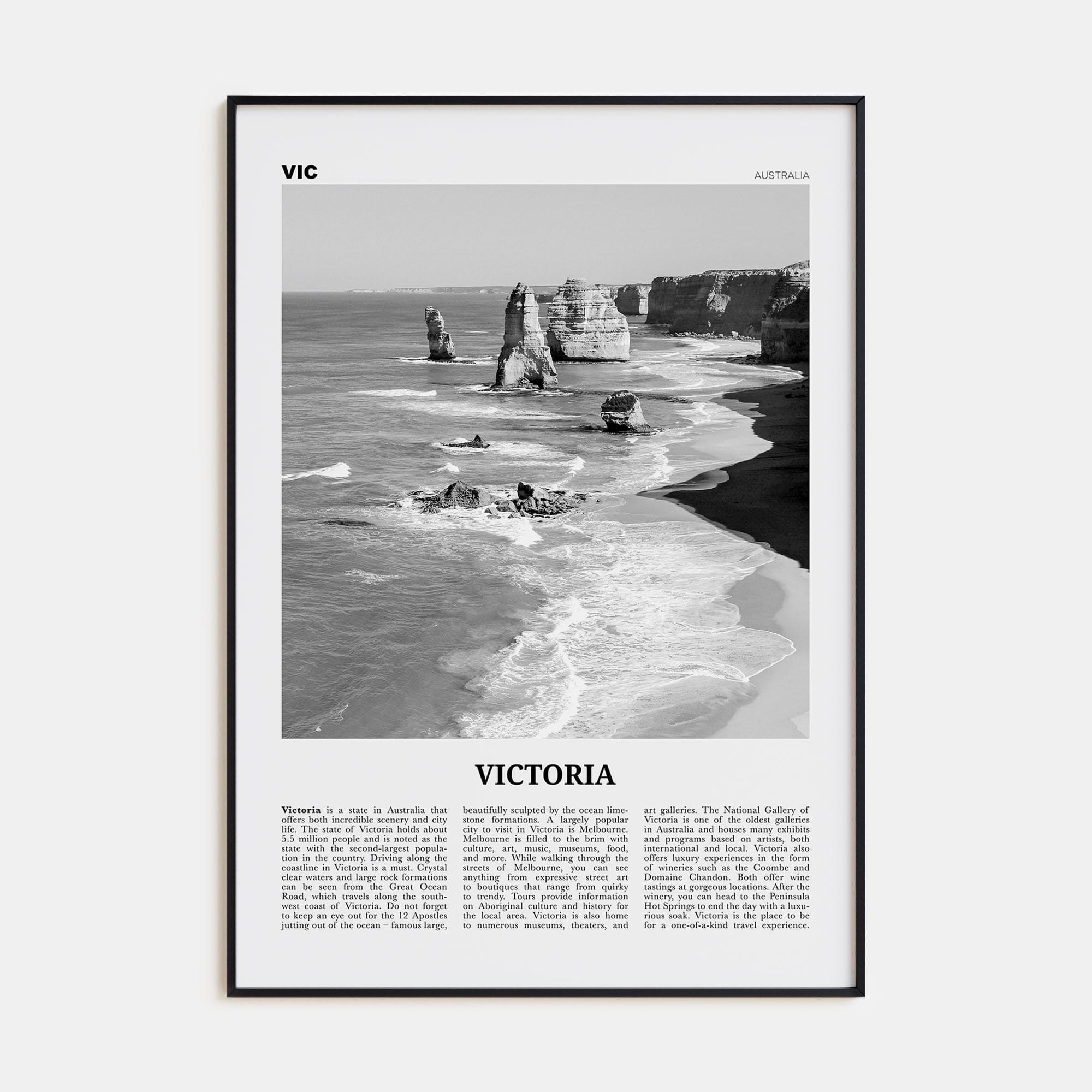 Victoria, Australia Poster Black Metal / 8x12 in Nbourhood Travel B&W Poster