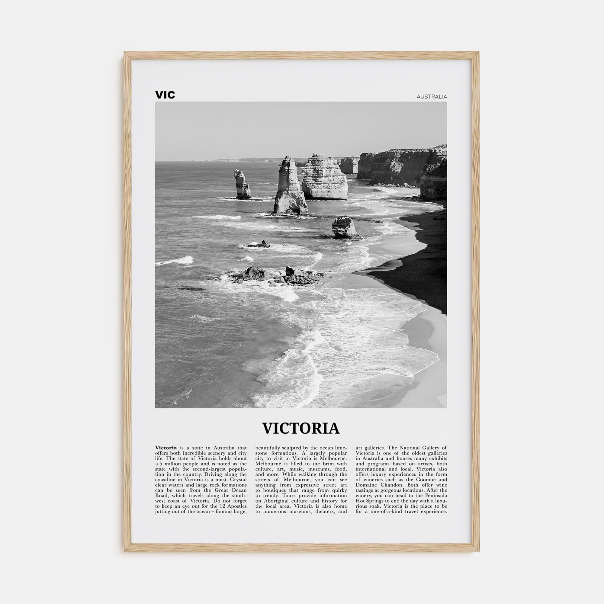 Victoria, Australia Poster Natural Wood / 8x12 in Nbourhood Travel B&W Poster