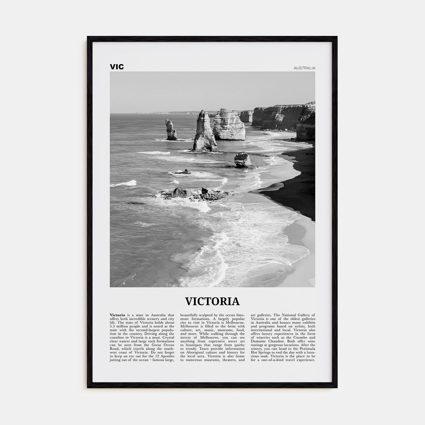 Victoria, Australia Poster Black Wood / 8x12 in Nbourhood Travel B&W Poster