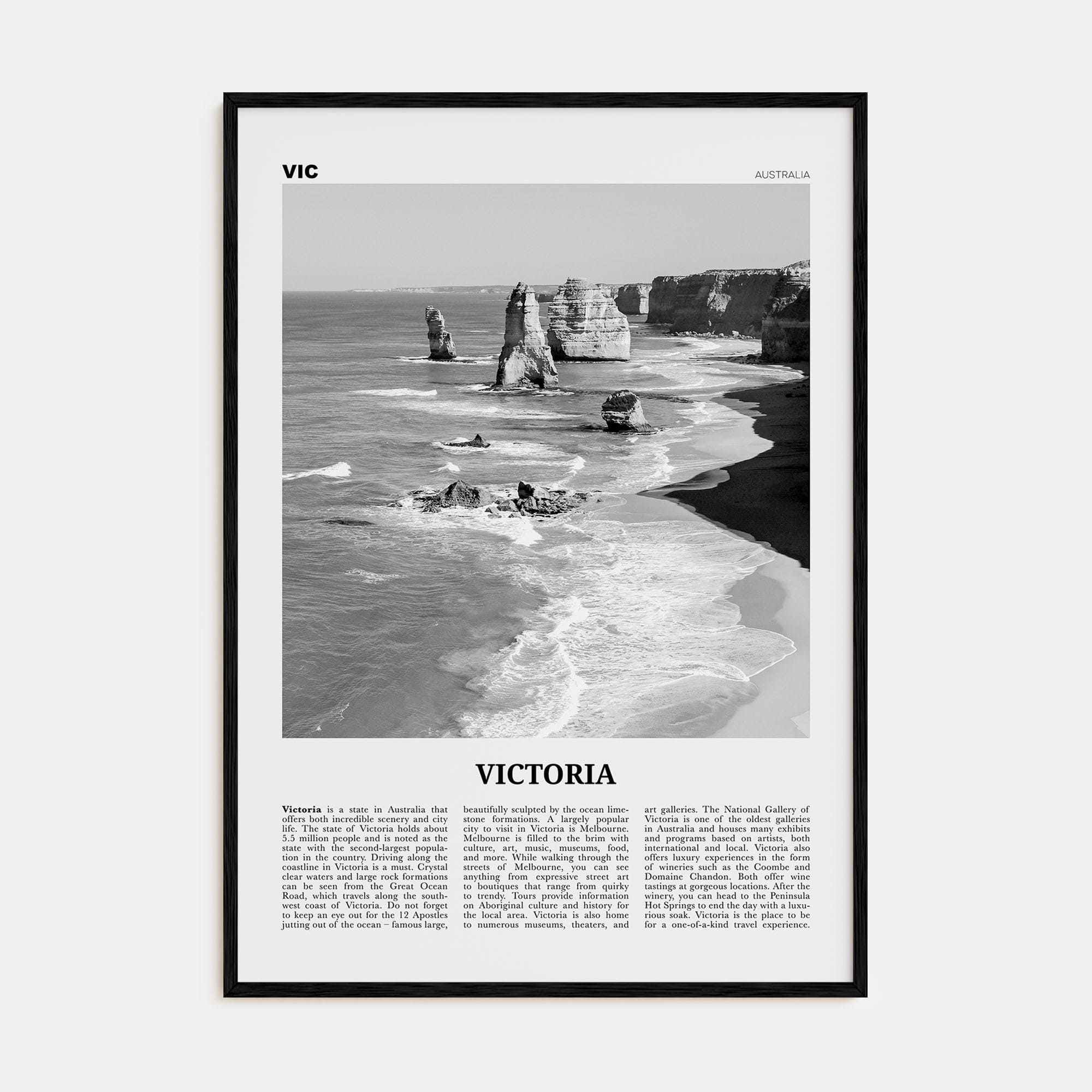 Victoria, Australia Poster Black Wood / 8x12 in Nbourhood Travel B&W Poster