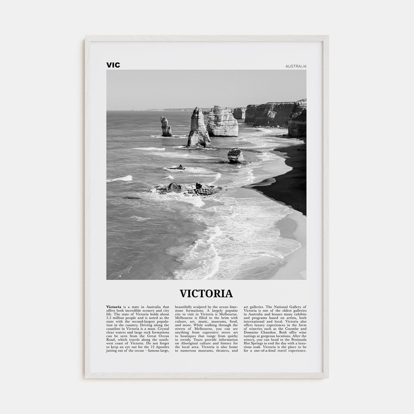 Victoria, Australia Poster White Wood / 8x12 in Nbourhood Travel B&W Poster