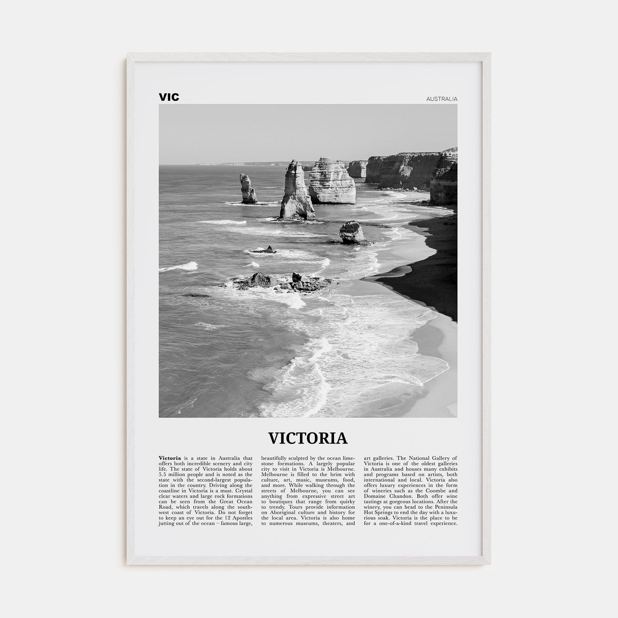 Victoria, Australia Poster White Wood / 8x12 in Nbourhood Travel B&W Poster
