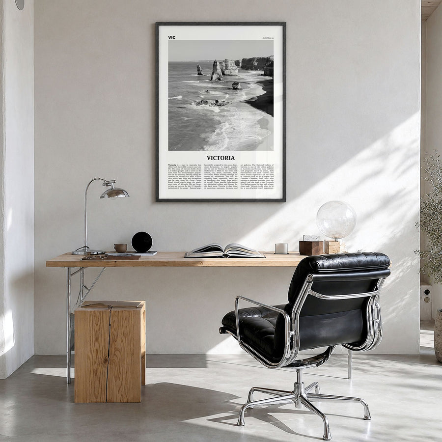 Victoria, Australia Newspaper Poster in a black wood frame, hanging in a bright home office
