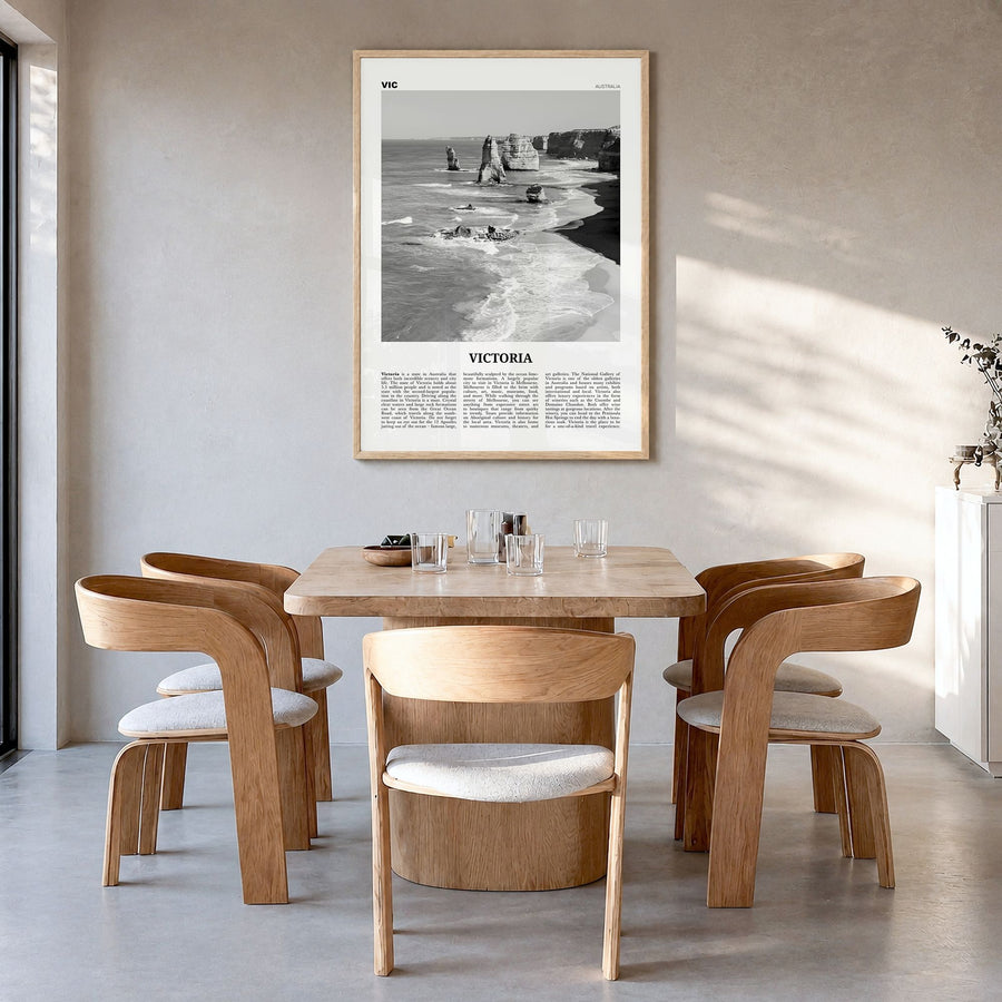 Victoria, Australia Newspaper Poster in a natural wood frame, hanging in a dining room