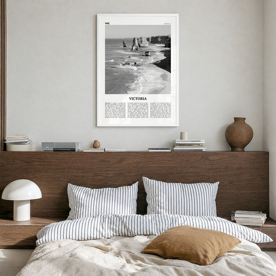 Victoria, Australia Newspaper Poster in a white wood frame, hanging in a bedroom