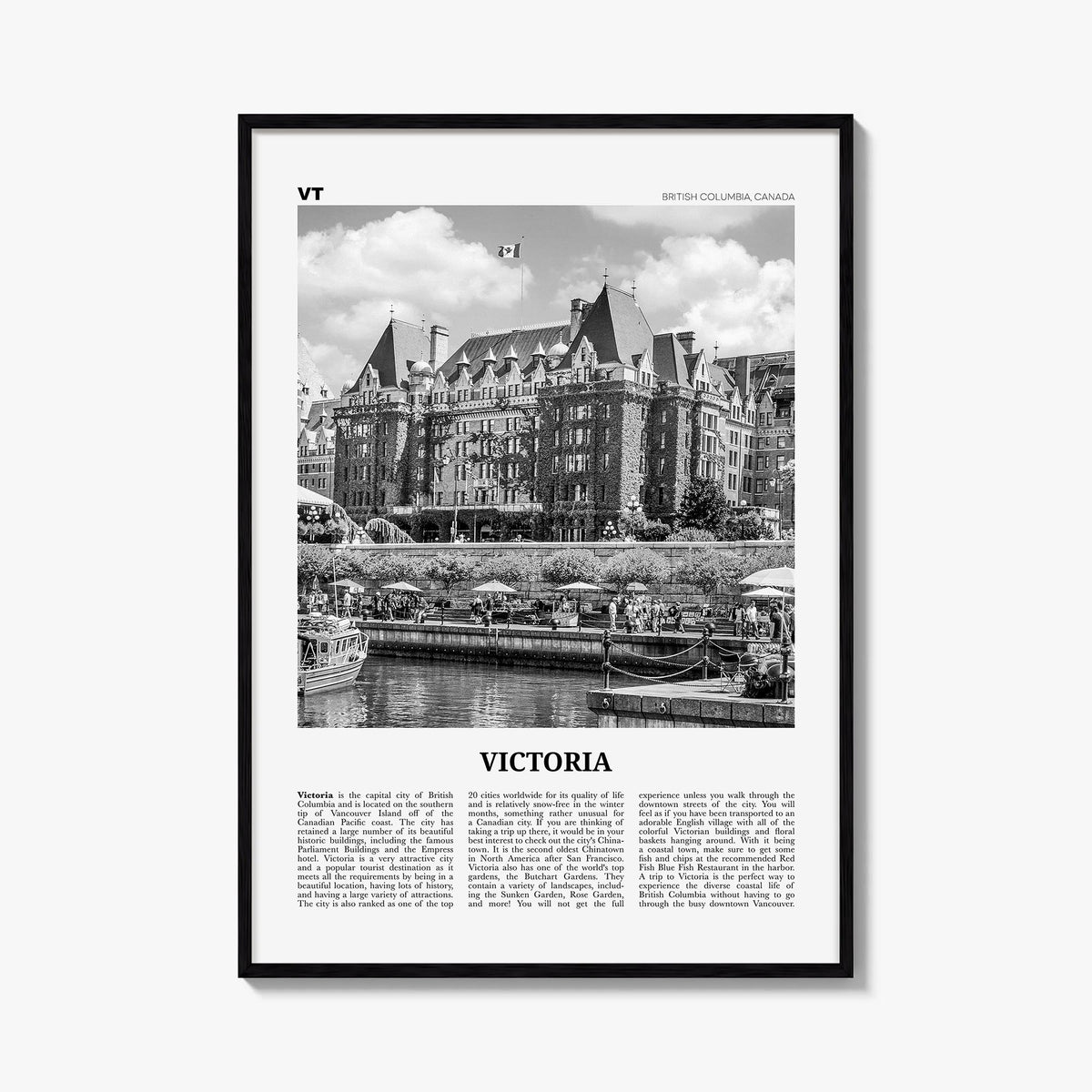 Victoria, Canada black & white newspaper poster of Canada – vertical wall art, unframed print shown in interior mockup
