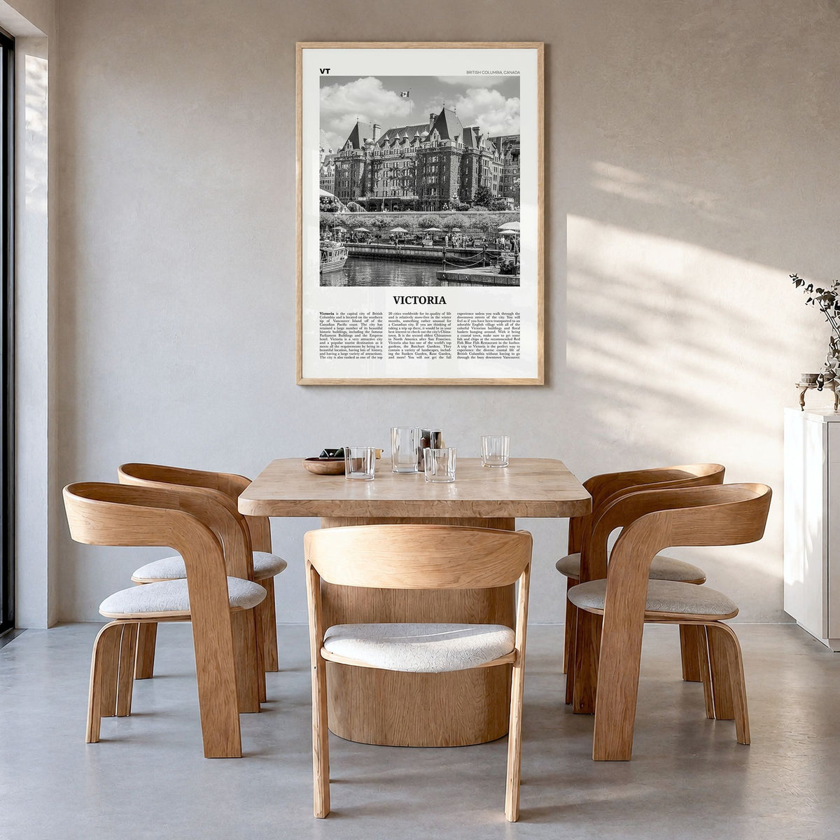 Victoria, Canada Newspaper Poster in a natural wood frame, hanging in a dining room