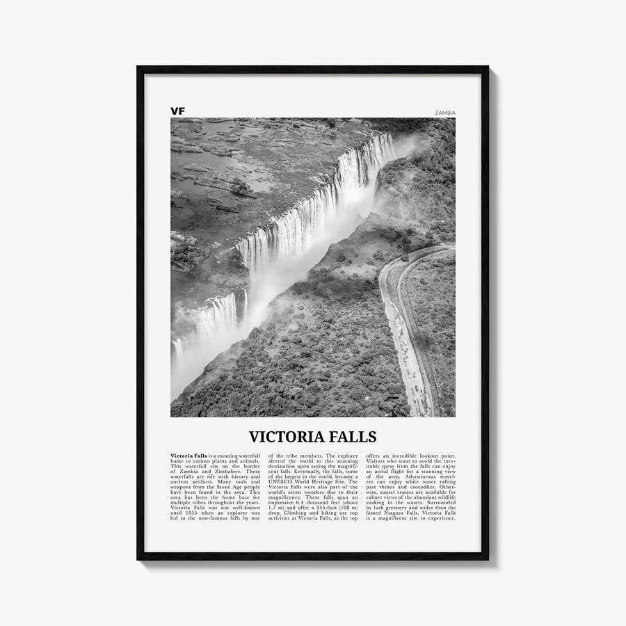Victoria Falls black & white newspaper poster of Zambia & Zimbabwe – vertical wall art, unframed print shown in interior mock