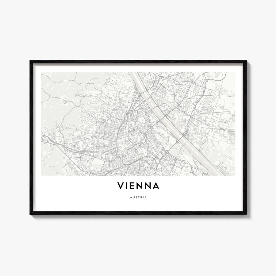 Vienna black & white map poster of Austria – horizontal wall art, unframed print shown in interior mockup